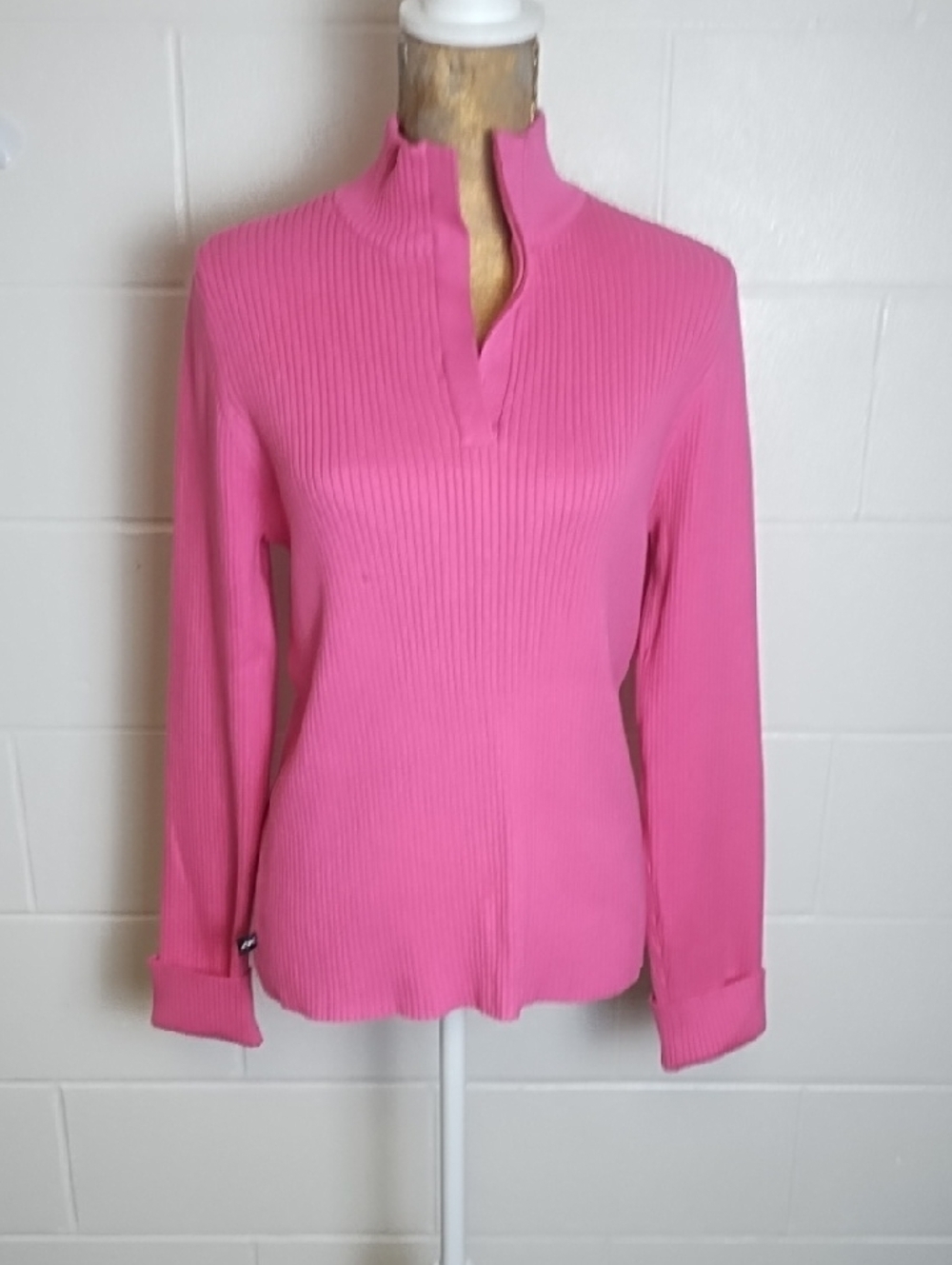 Anne Klein Sport Stretchy Ribbed Mock-Neck Long Sleeve Top in Hot Pink Cotton